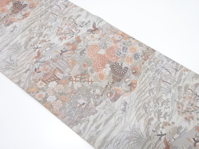 花車に流水・鴛鴦模様織り出し　袋帯